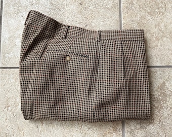 Vintage POLO RALPH LAUREN Brown Houndstooth Check Wool Cotton Pleated Trousers | 37 x 28.25 | Made in Usa Ivy League Trad