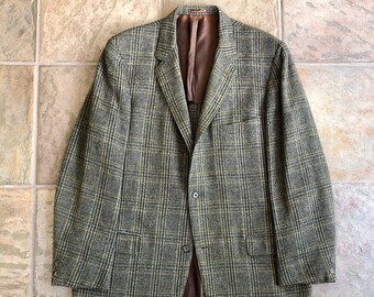 1950s H FREEMAN Shetland Tweed Gray & Green Plaid Sack Sport Coat | 40 41 Regular / Long | 3 Button Ivy League Trad