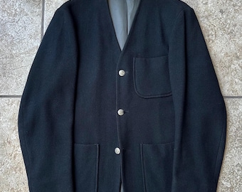 1960er Jahre Schwarzer Hopsack Wollkragenloser Sakko | 39 40 Regulär | 3-Knopf Aufgesetzte Taschen Ivy League Trad