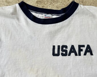 1980s CHAMPION USAFA White Cotton Ringer T-shirt | Small | U.S.