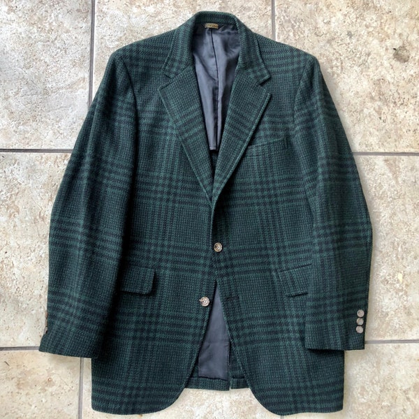 1970s CORBIN Green Plaid Shetland Tweed Wool Sack Sport Coat | 40 Long | 3/2 Roll Ivy League Trad