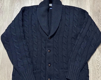 Vintage POLO RALPH LAUREN Black Wool Cable-Knit Shawl Collar Cardigan | Large | Ivy League Trad