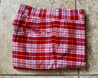 1970s BROOKS BROTHERS Red Plaid Bleeding Madras Cotton Trousers | 32 x 33 | Ivy League Trad