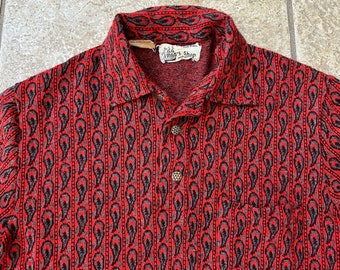 1960s Red & Gray Paisley Knit Jersey Polo Shirt | Medium | Ivy League Trad