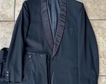 1950s AFTER SIX Black Worsted Wool Shawl Collar Tuxedo | 39 40 Short | 1-Button Jacket