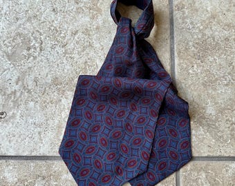 Vintage Dark Blue & Red Medallion Print Silk Foulard Ascot | Suit Accessory Ivy League Trad