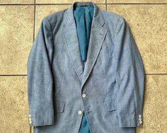 1970s HASPEL Pale Blue Cotton Blend Wash n Wear Sport Coat | 39 40 Regular | BLOOMINGDALES Ivy League Trad
