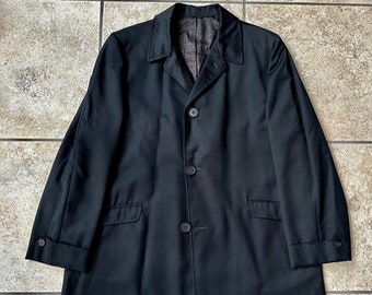 1960s Black Cavalry Twill Wool Sack Overcoat | 42 44 Regular | Raglan Sleeves Ivy League Trad