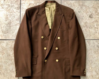 1970s Brown Worsted Wool Double Breasted Sack Blazer | 41 42 Long | 6 Button Ivy League Trad