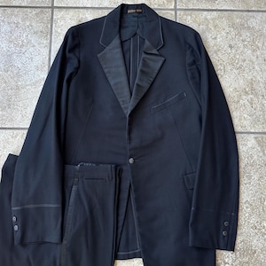 1910s 20s Black Flannel Wool Tuxedo | 37 38 Long | RUDO-TUX 1-Button Notch Lapels Trad