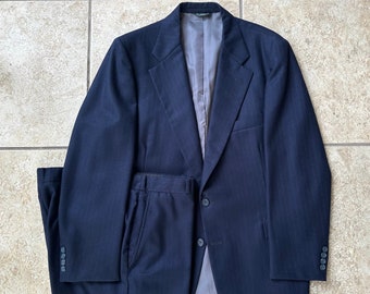 Vintage Navy Blue Pinstripe Flannel Wool Suit | 40 41 Regular | 2 Button Ivy League Trad