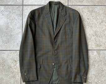 1960s Olive Green & Brown Plaid Sack Sport Coat | 37 38 Regular | 3/2 Roll Ivy League Trad