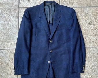 1960s OXXFORD CLOTHES Dark Blue Plaid Wool Silk Sport Coat | 40 41 Regular | Monte Factor Las Vegas Trad Ivy League