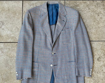 1970s HICKEY FREEMAN Red & Blue Plaid Wool Silk Sport Coat | 43 44 Regular / Long | Maus Hoffman Patch Pockets Ivy League Trad