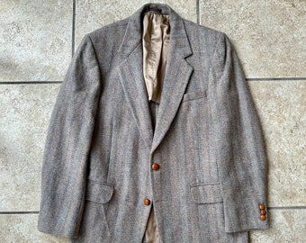 Vintage Gray & Blue Herringbone Striped HARRIS TWEED Sport Coat | 39 40 Long | Ivy League Trad