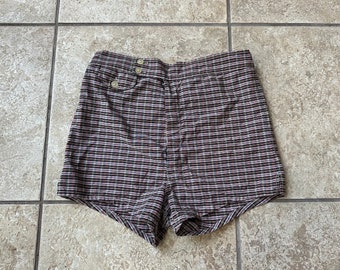 1950s Red & Gray Plaid Cotton Buckle Back Swim Trunks | Size 30 | CAMPUS Ivy League Trad