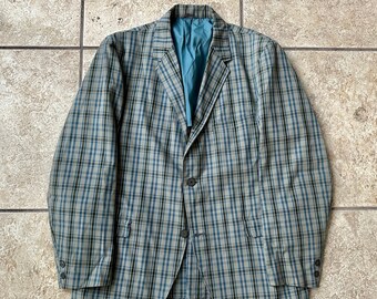 BRENT - Manteau sport gris et bleu à carreaux Wash n Wear Sack | 39 40 Régulière | Ivy League Montgomery Ward Trad