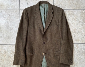 Década de 1960 Marrón Herringbone Tweed Lana Saco Abrigo deportivo / 39 40 Regular / Largo / BOND CLOTHES Ivy League Trad