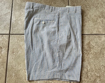 Vintage Blue Striped Seersucker Pleated Shorts | Size 36 | Made in USA Ivy League Trad