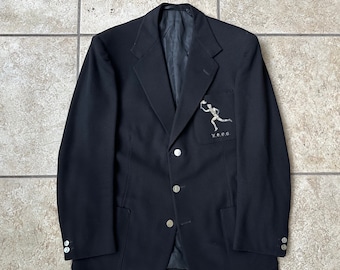 1950s Bespoke Black Doeskin Flannel Blazer | 38 39 Regular | Bullion Embroidered Crest