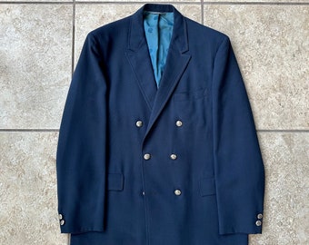 1960s Navy Blue Worsted Wool Double Breasted Sack Blazer | 39 40 Regular | 4 Button Ivy League Trad