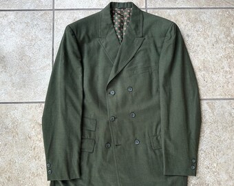 1960s Green Flannel Double Breasted Sport Coat | 39 40 Long | 6 Button Ivy League Trad