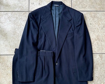 1980s POLO RALPH LAUREN Navy Blue Pinstripe Flannel Wool Suit | 40 41 Long | 2 Button Ivy League Trad