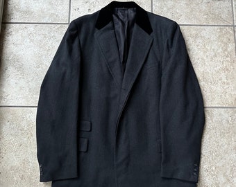 1950s Charcoal Herringbone Wool Chesterfield Coat w/ Velvet Collar | 44 46 Extra Long | Ivy League Trad