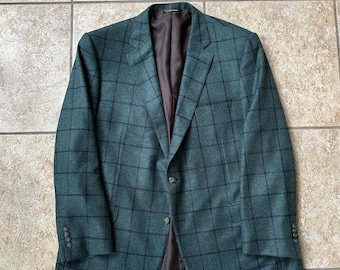 Vintage PAUL STUART Dark Green & Blue Windowpane Plaid Cashmere Sport Coat | 48 Long | Made in Canada Ivy League Trad