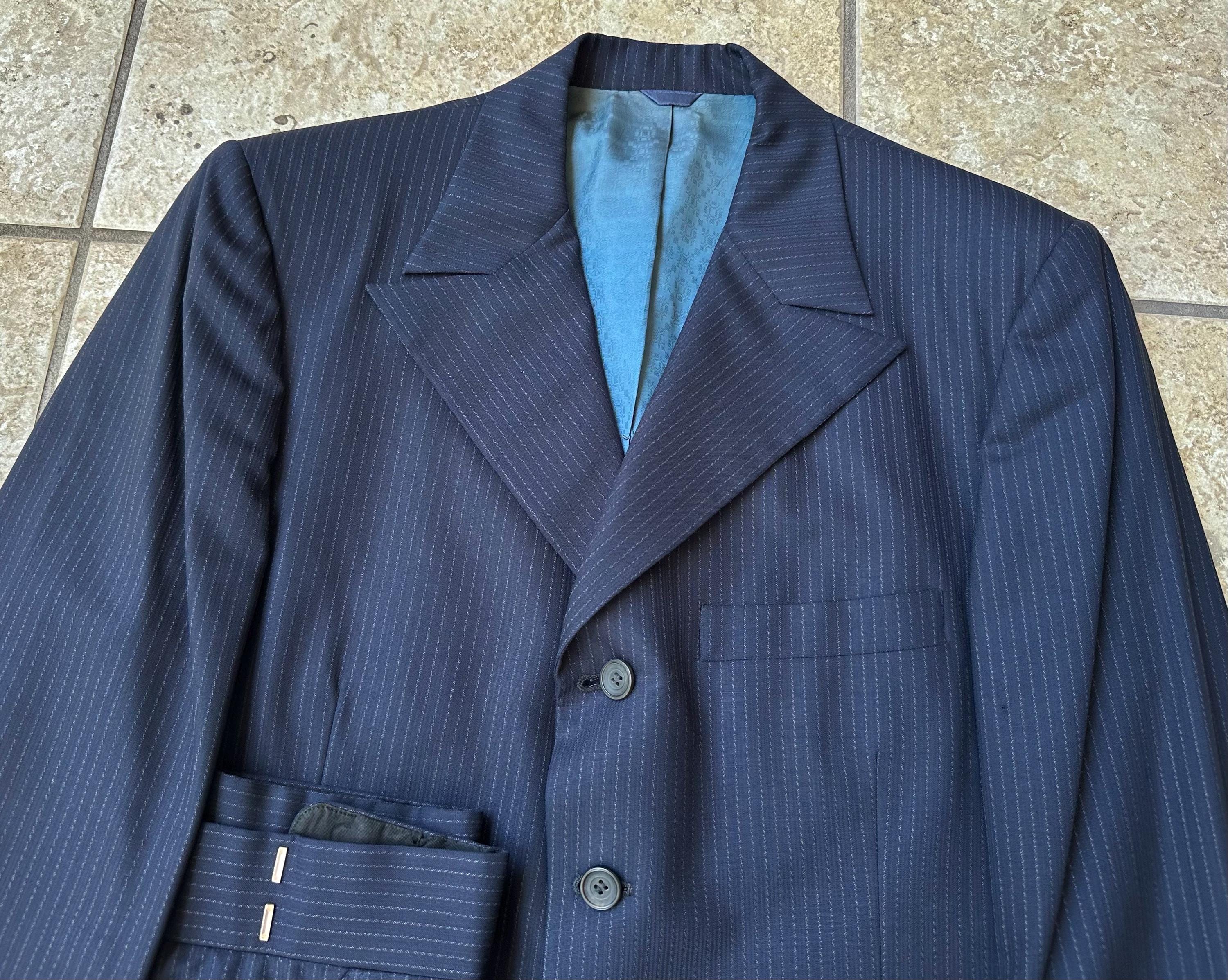 1970s Dark Blue Striped Wool Peak Lapel Suit | 39 40 Regular | 4-button ...