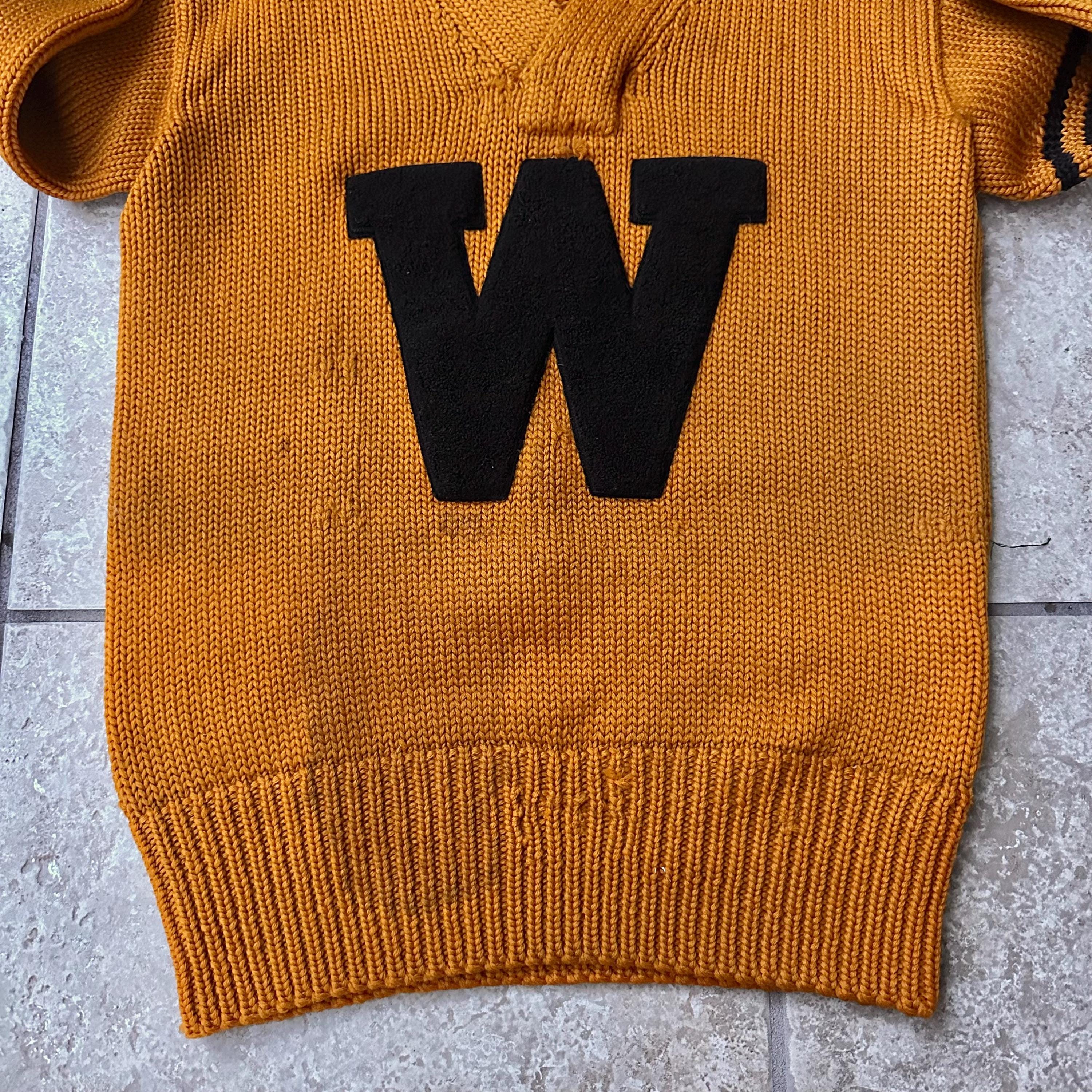 1930s Gold Wool V-neck Letterman Sweater W/ 