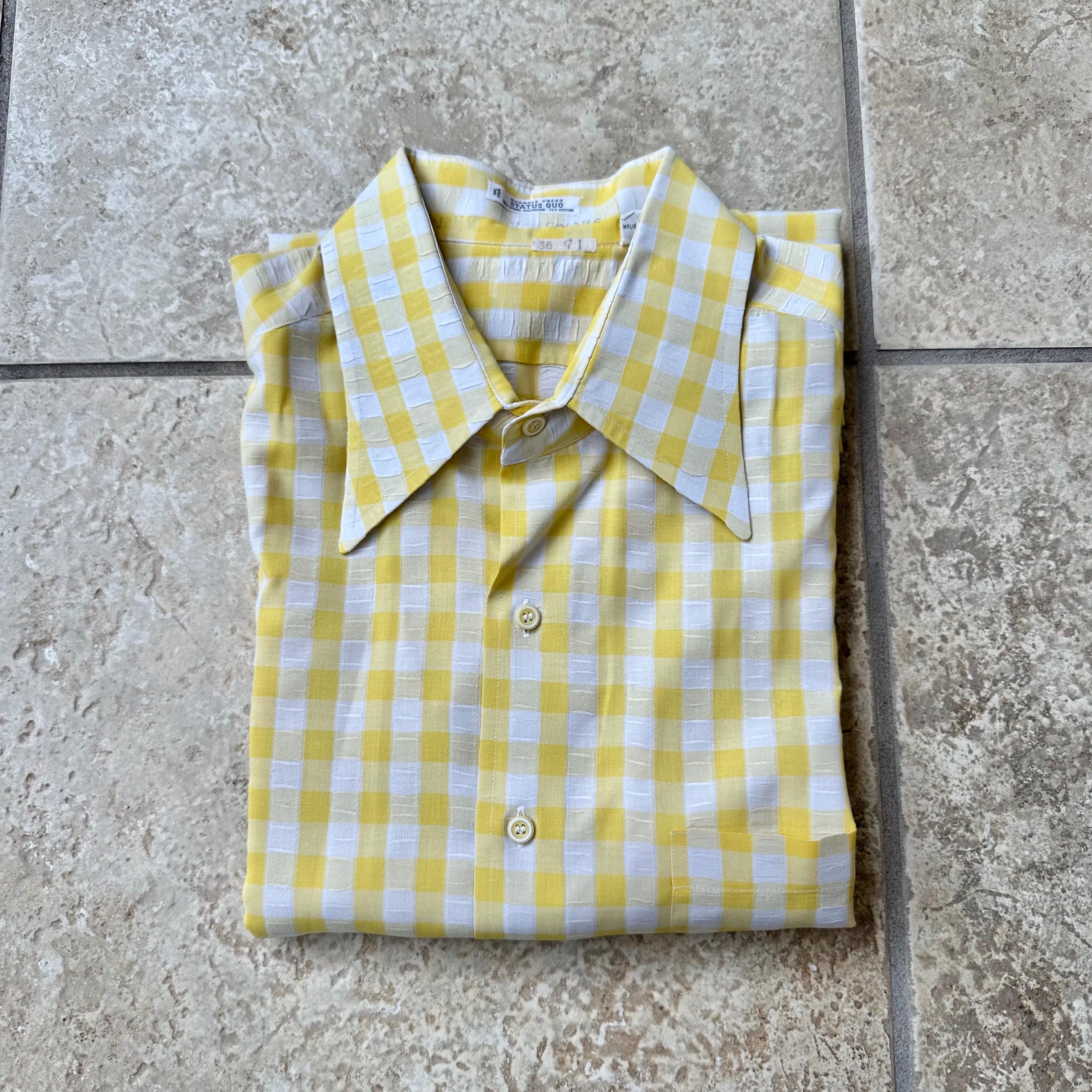 1970s Yellow Gingham Check Seersucker Short-sleeve Button-up Shirt