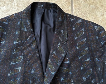 1950s Dark Blue Batik Print Cotton Sack Sport Coat | 39 40 Long | SAKS FIFTH AVE Ivy League Trad