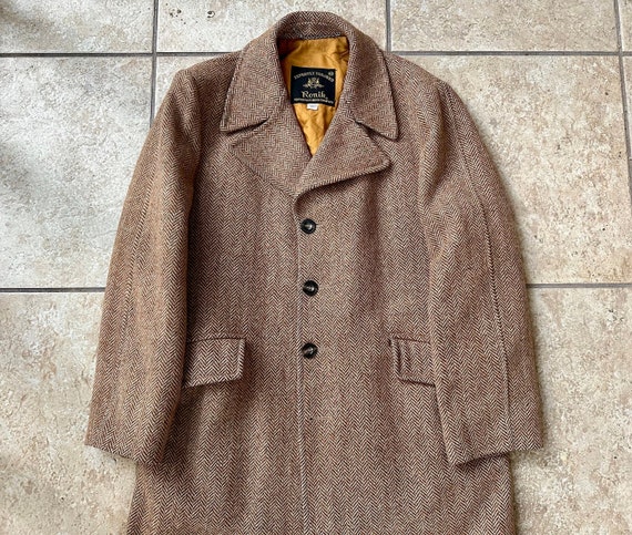 1970s Brown Herringbone Tweed Car Coat | 38 40 Re… - image 1