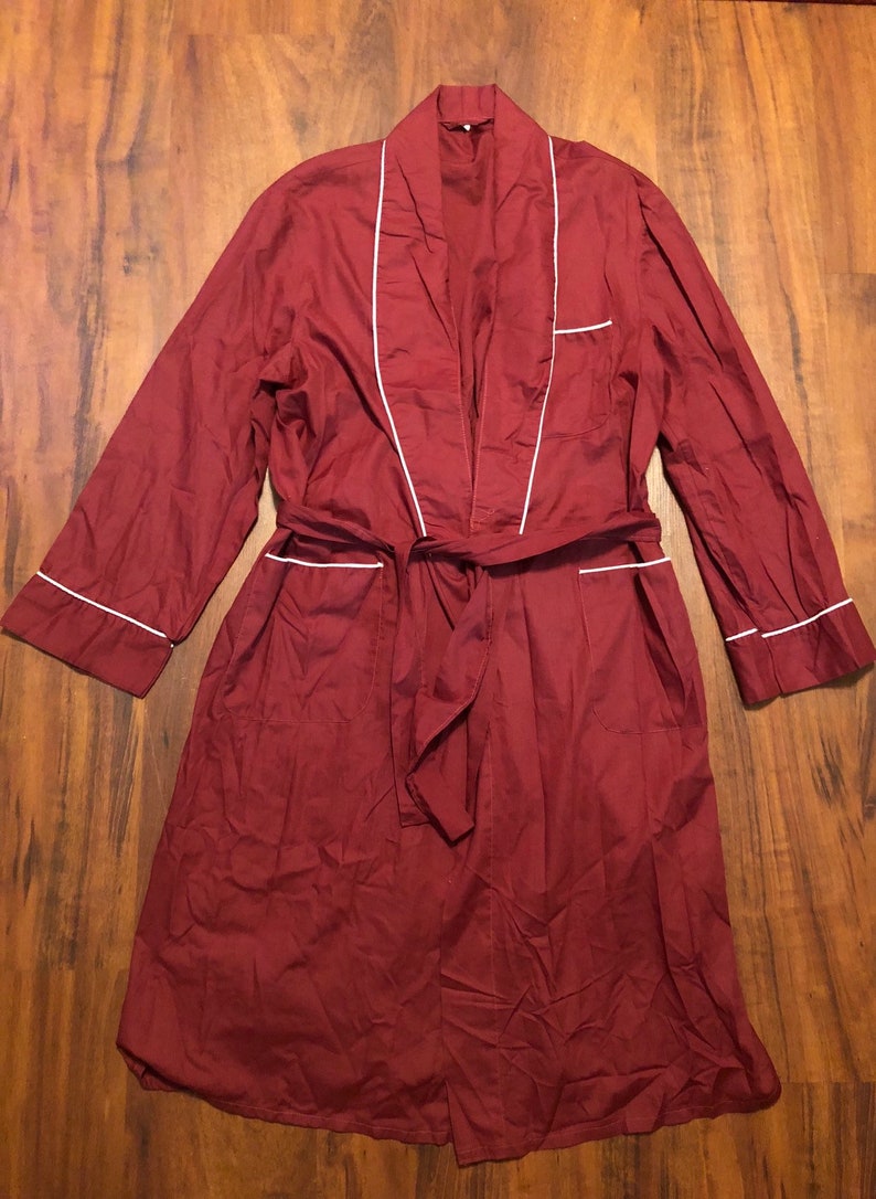Medium 1960s 70s Cotton Blend Red Belted Robe Ivy League Trad Sleepwear Loungewear