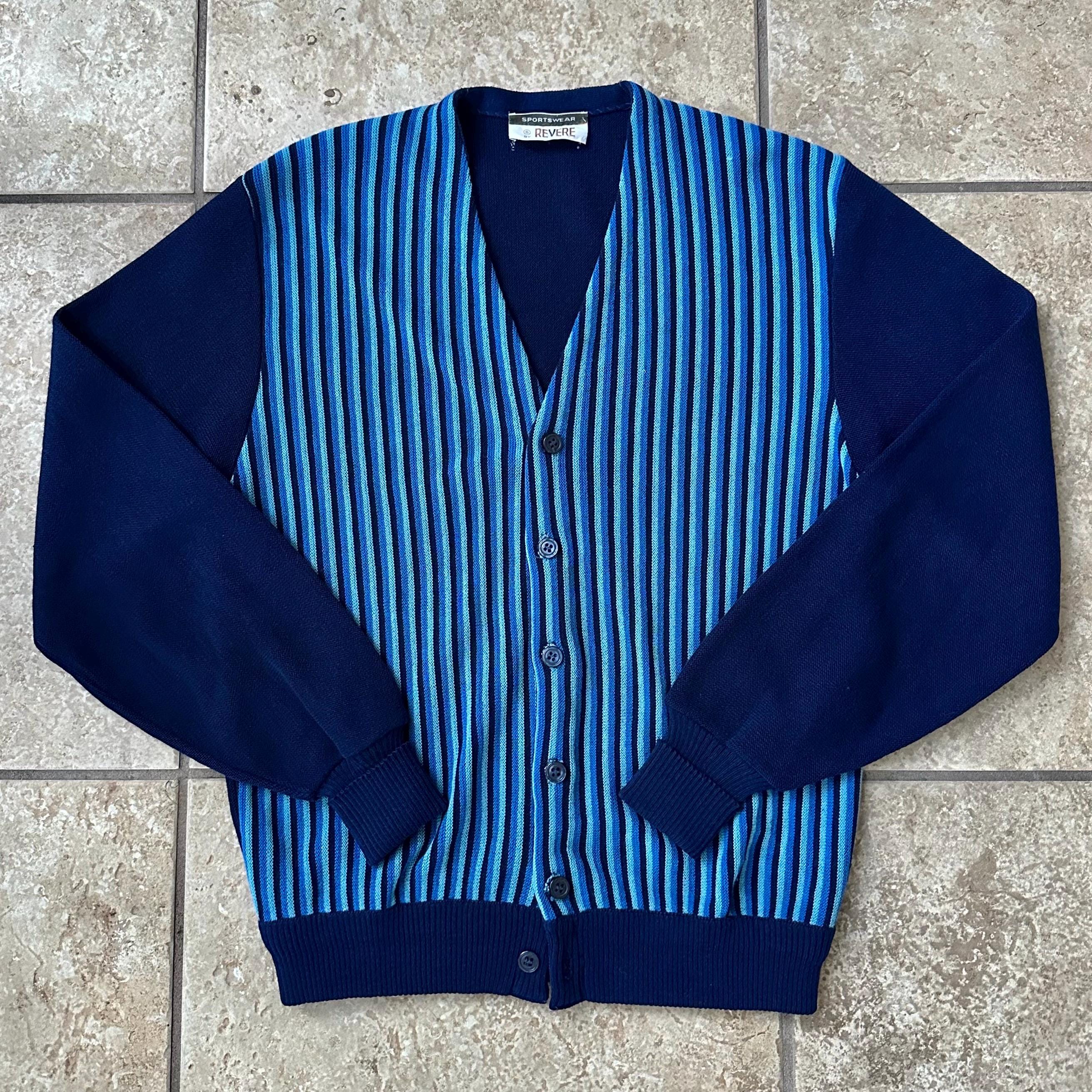 1960s Blue Striped Wool Blend Knit Cardigan | Small | REVERE
