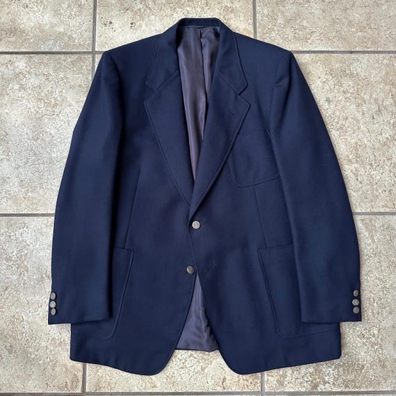 Vintage Navy Blue Flannel Blazer 42 Long FRANK BROTHERS Patch