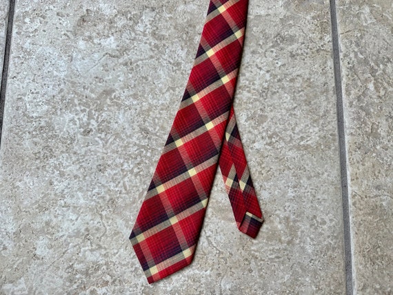 1960s Red & Yellow Plaid Cotton Blend Tie | Self … - image 1