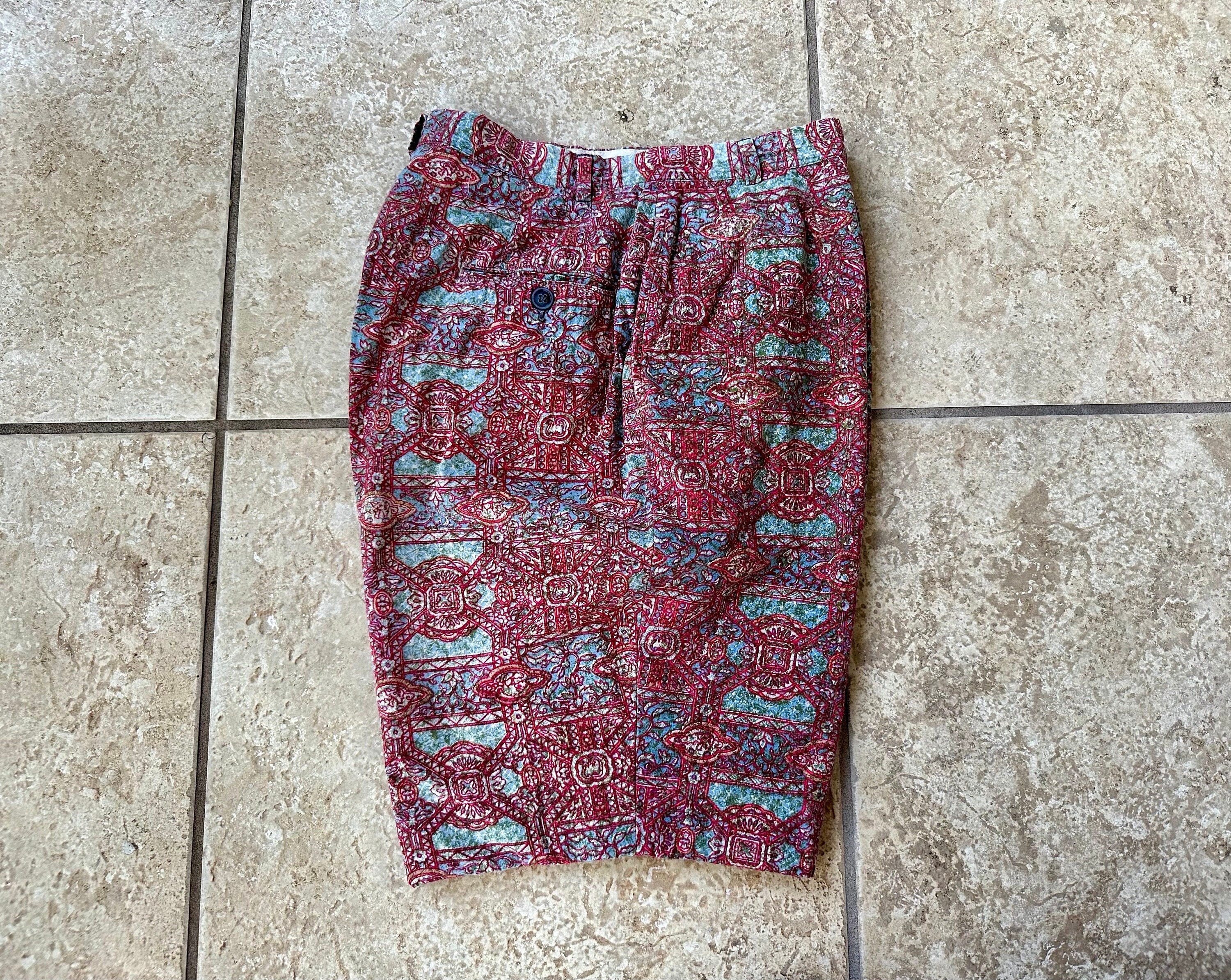 1960s Red Batik Printed Cotton Bermuda Shorts | Size 26 | Ivy League Trad