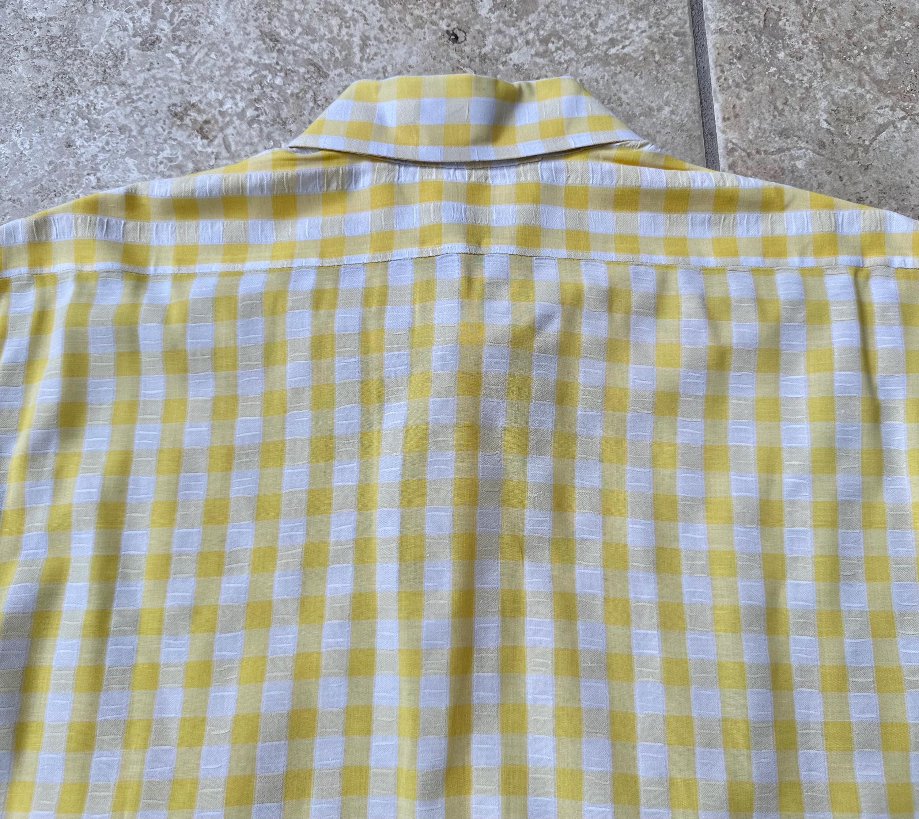 1970s Yellow Gingham Check Seersucker Short-sleeve Button-up Shirt