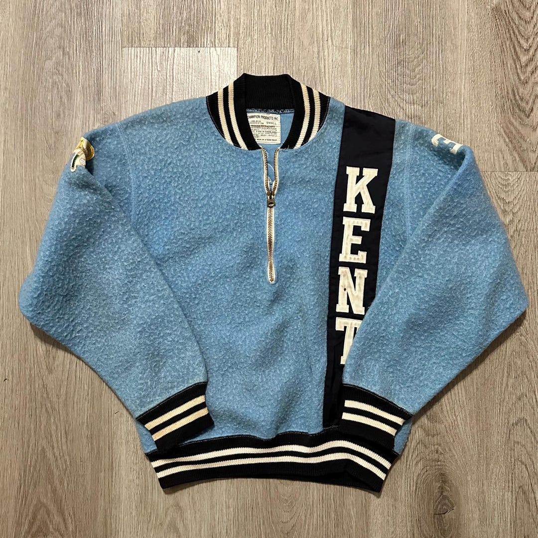 1960s CHAMPION Blue Nylon Fleece Quarter-zip Sweatshirt | Small