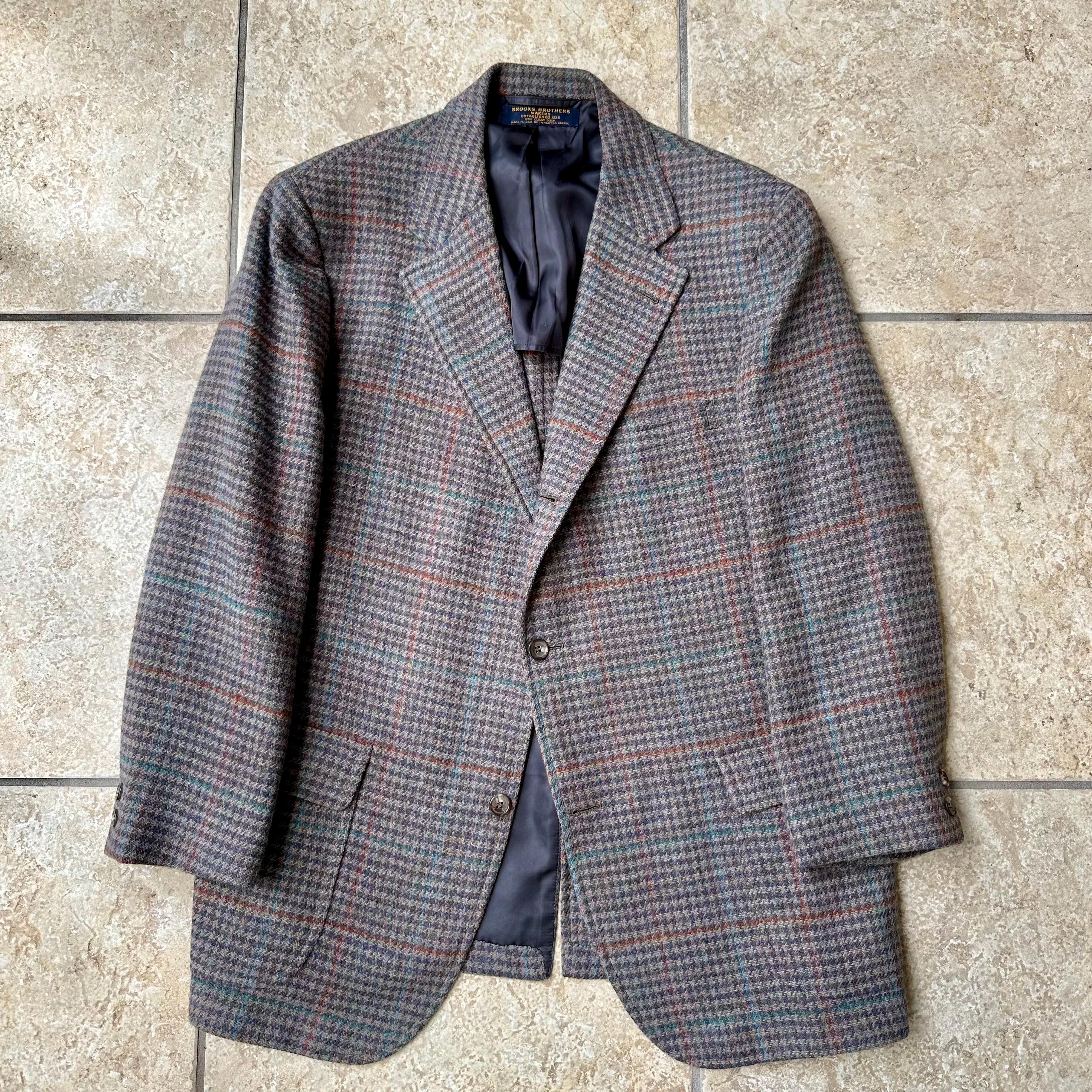 Vintage BROOKS BROTHERS Brown Houndstooth Check Tweed Sport Coat