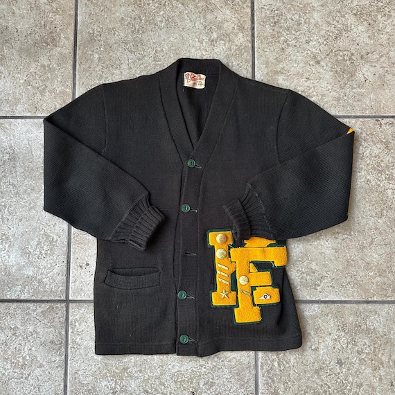 1950s Black Wool Knit Varsity Cardigan | Small | Shaker
