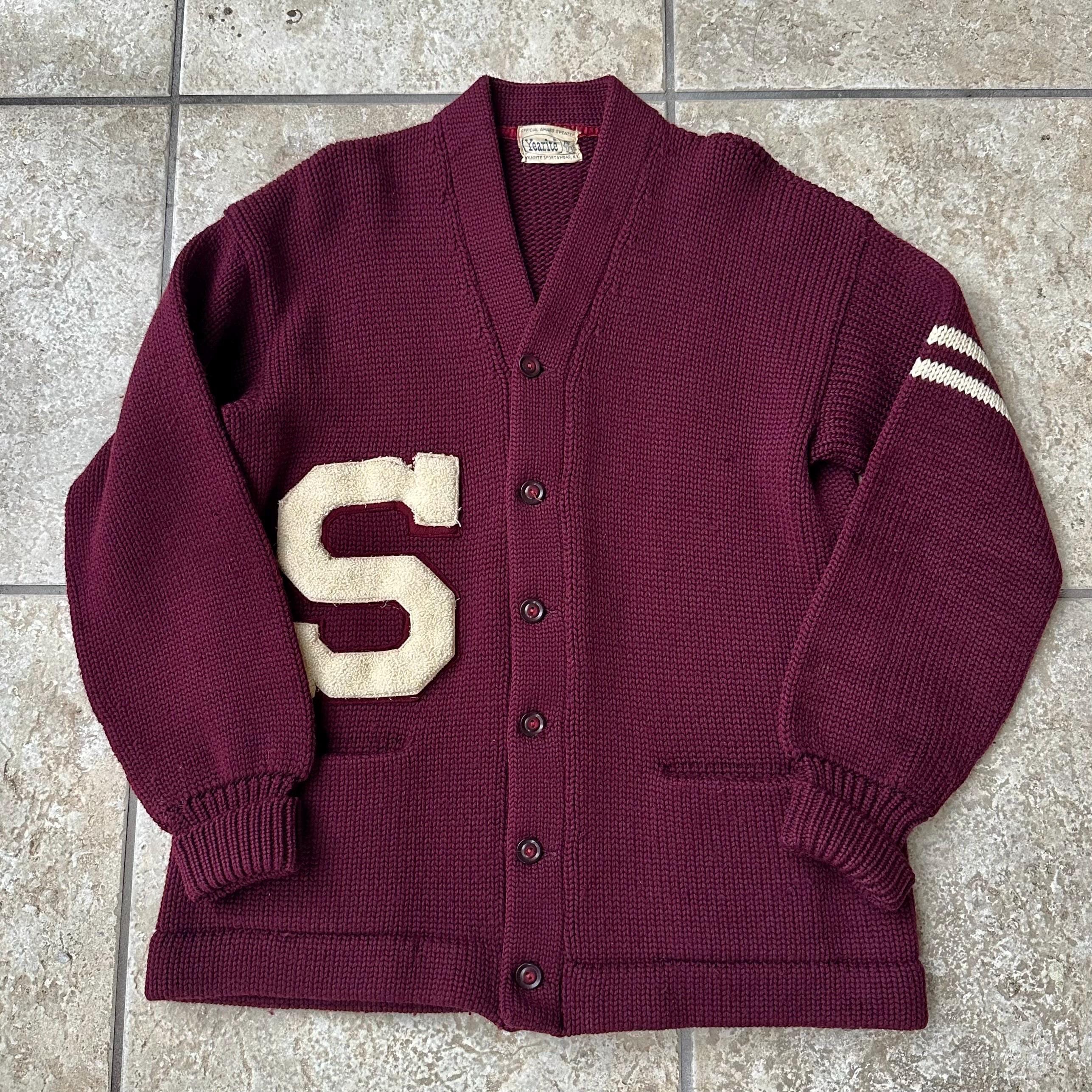 1950s Burgundy Wool Knit Varsity Cardigan | Medium | YEARITE