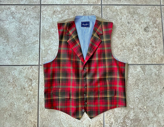 Vintage BEN SILVER Red Green Tartan Flannel Wool Waistcoat Size