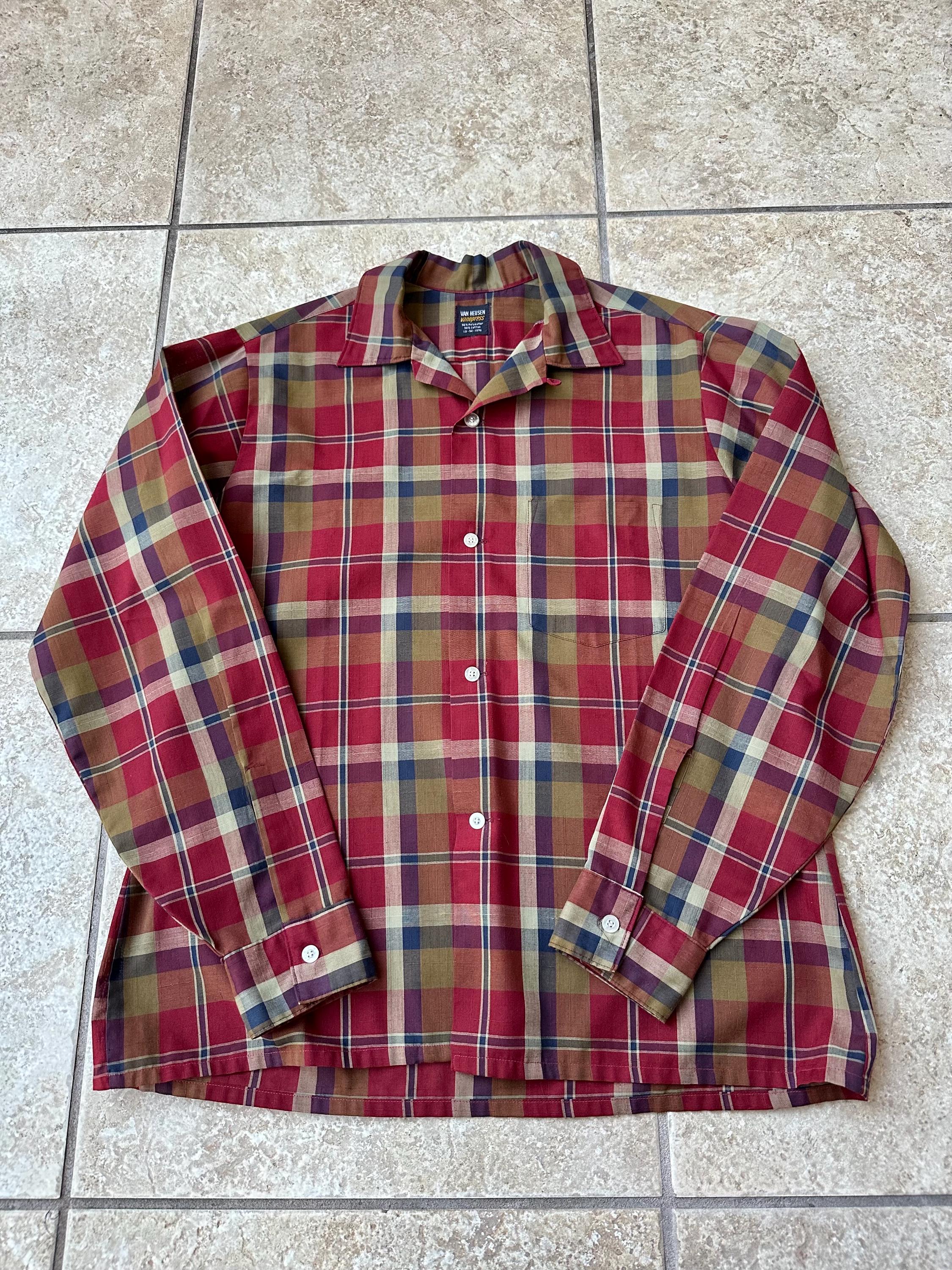 1960s VAN HEUSEN Red & Green Plaid Cotton Loop Collar Shirt