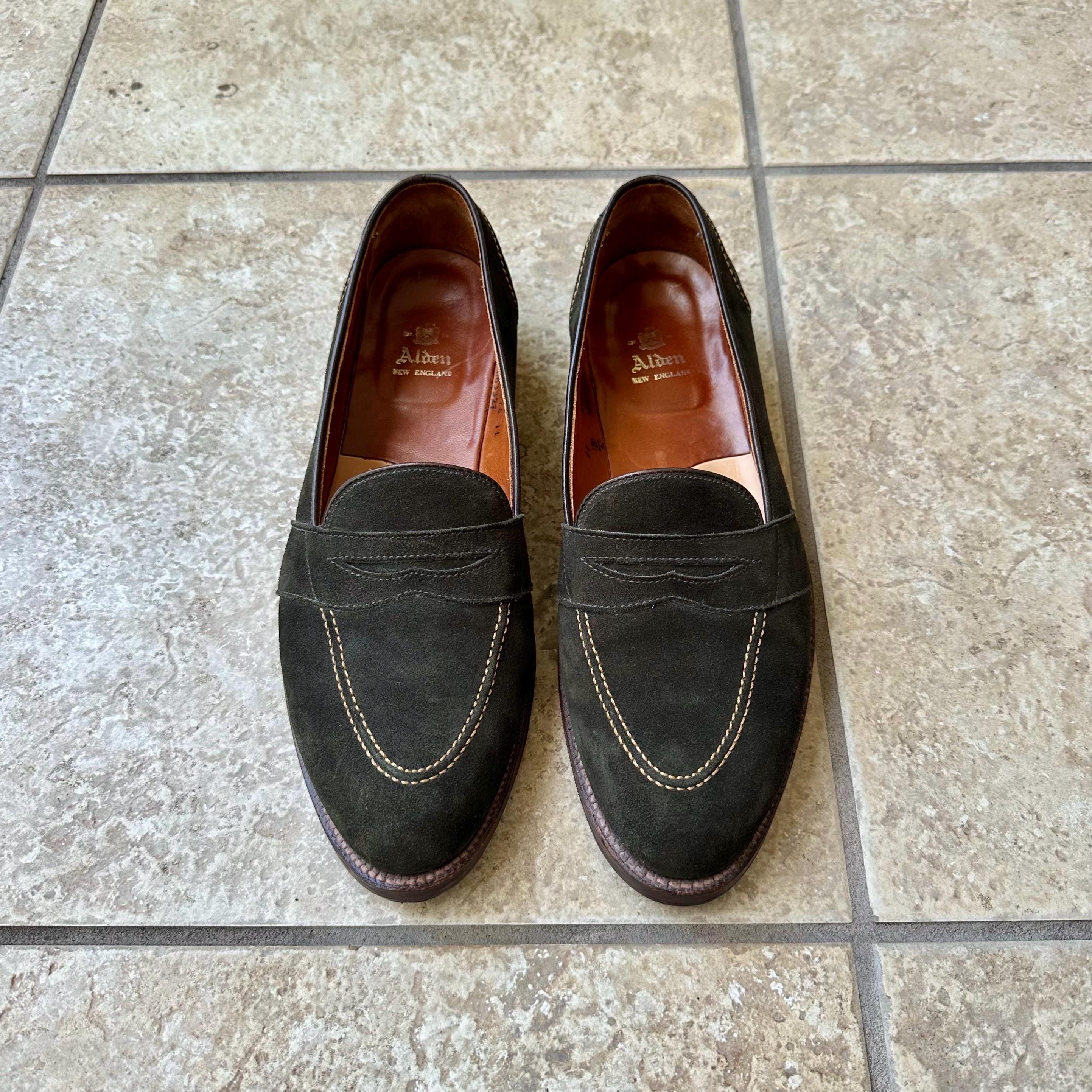 Vintage ALDEN Green Suede Full-strap Penny Loafers | Size 11 B/D