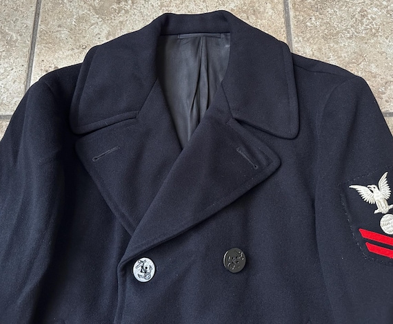 1950s US NAVY Black Melton Wool Double Breasted Peacoat | Medium