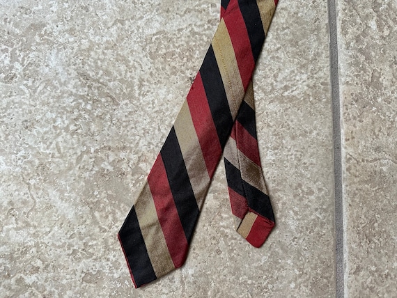 1960s Red & Brown Regimental Striped Shantung Sil… - image 1