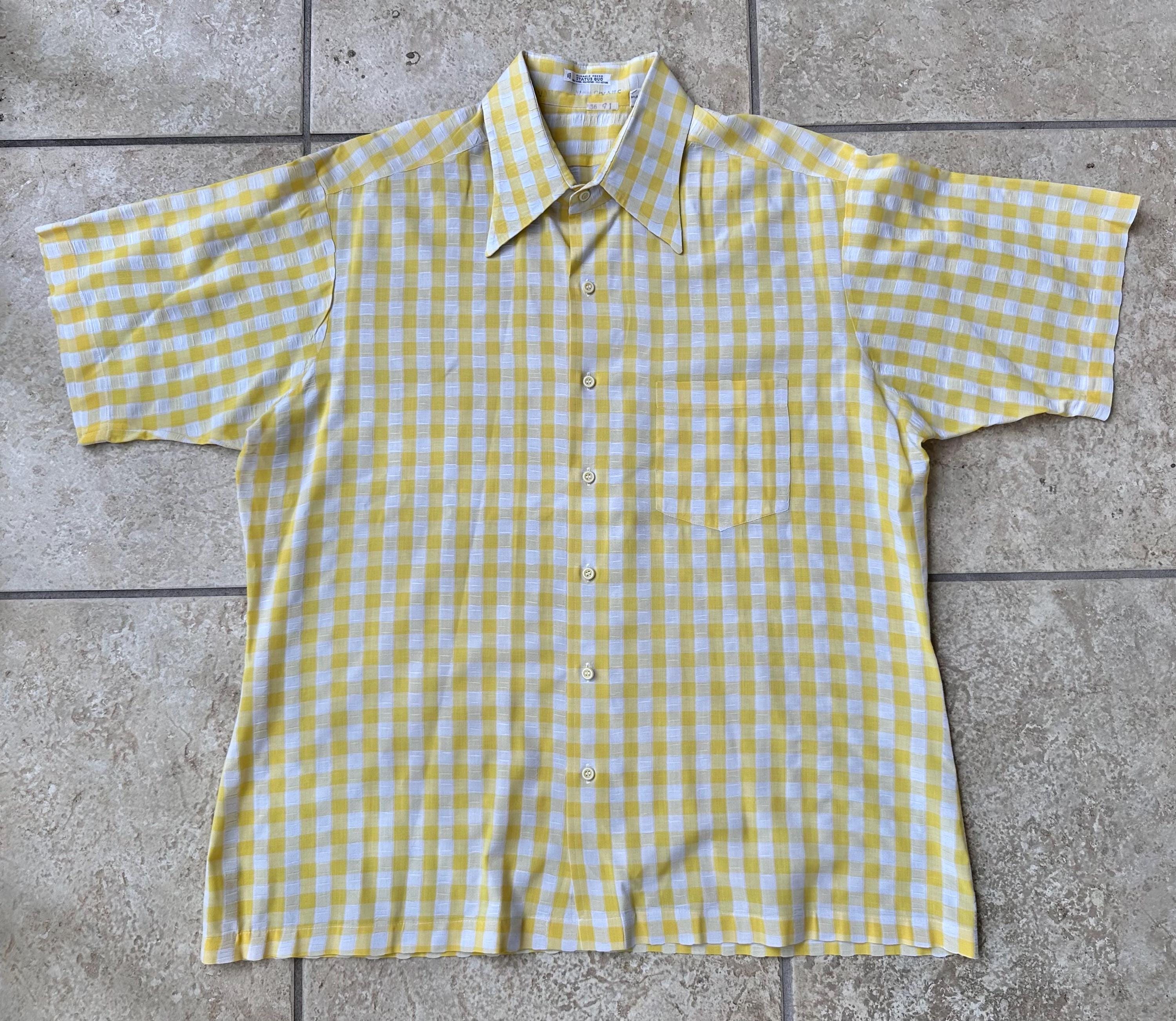 1970s Yellow Gingham Check Seersucker Short-sleeve Button-up Shirt